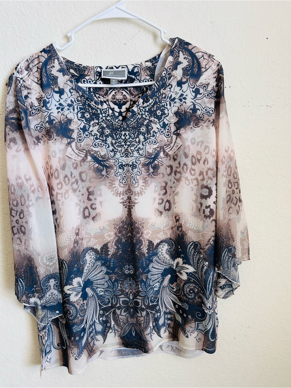 JM Collection Navy and Cream Printed Long Sleeve Tunic